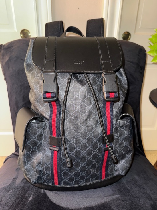 Gucci Other - Gucci Black GG Supreme Backpack with Red and Blue Web Stripes